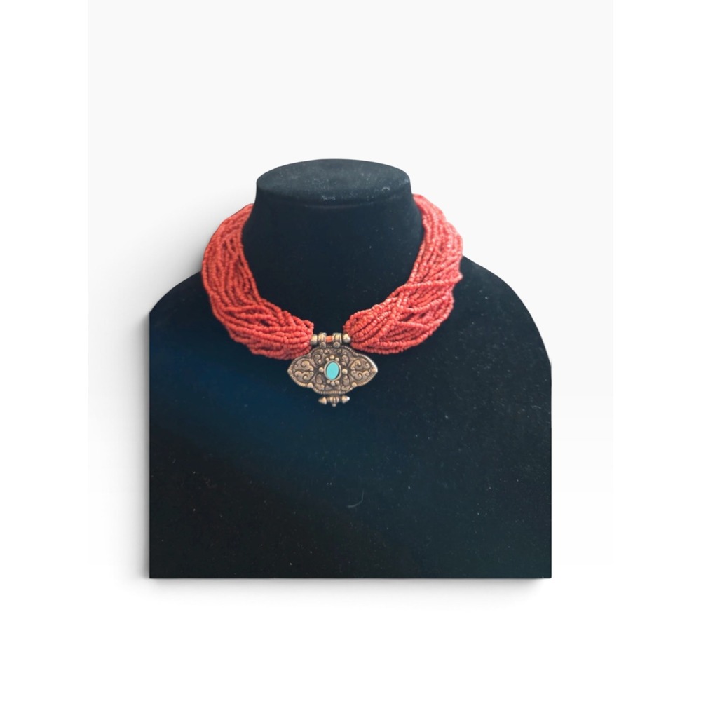 Vintage OOAK Multi Strand Coral Seed Bead Western Statement Necklace Turquoise